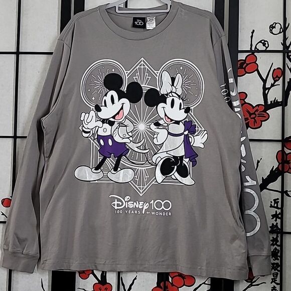 Disney Parks 100 Years of Wonder Mickey & Minnie Gray Long Sleeve Shirt … - Picture 3 of 8